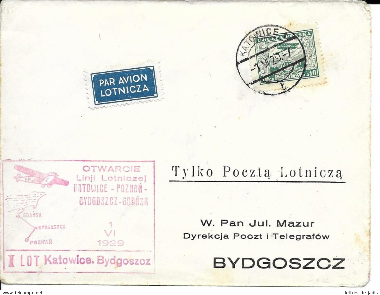 Env Cad KATOWICE  1/6/1929 Pour BYDGOSZCZ TB - Avions