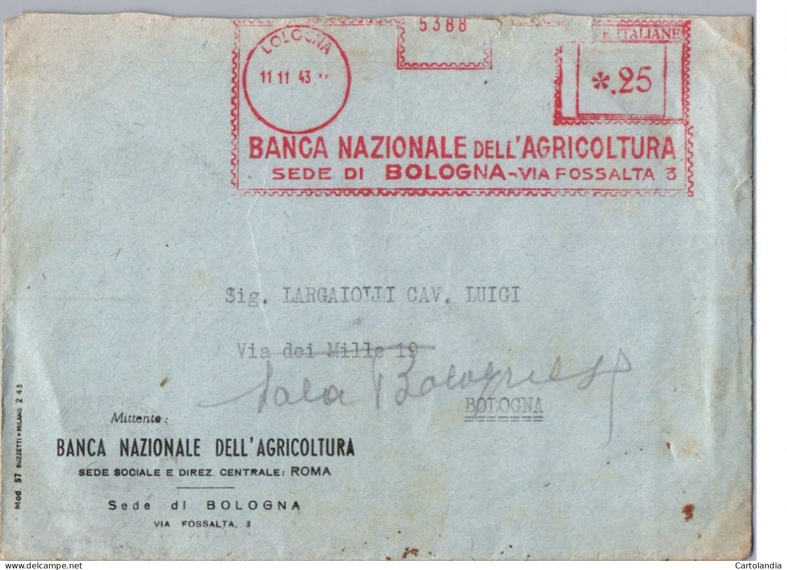 ITALIA 1943    -   Annullo Meccanico Rosso (EMA) BANCA NAZIONALE DELL 'AGRICOLTURA SEDE DI BOLOGNA - Maschinenstempel (EMA)