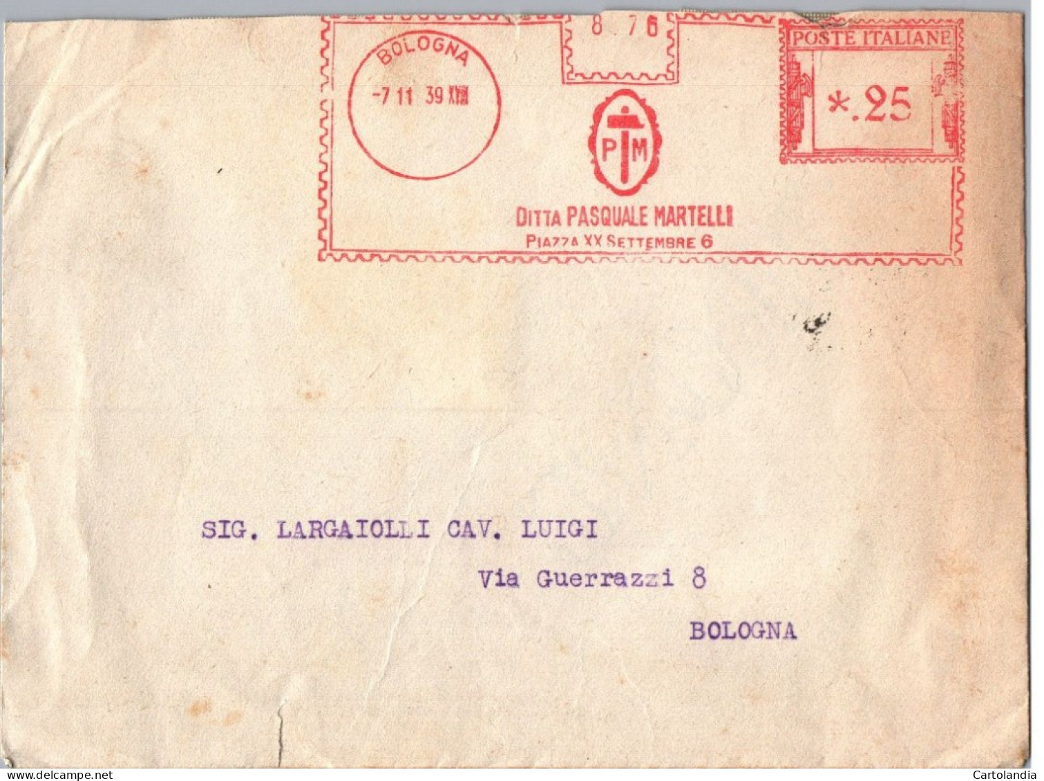 ITALIA 1943    -   Annullo Meccanico Rosso (EMA)  DITTA PASQUALE MARTELLI BOLOGNA - Máquinas Franqueo (EMA)