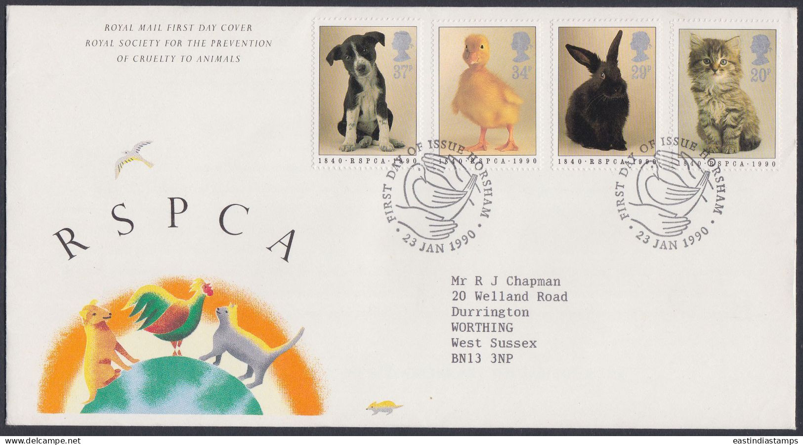 GB Great Britain 1990 FDC RSPCA, Pet, Animals, Cat, Dog, Rabbit, Duck, Animal, Pets, Pictorial Postmark, First Day Cover - Brieven En Documenten