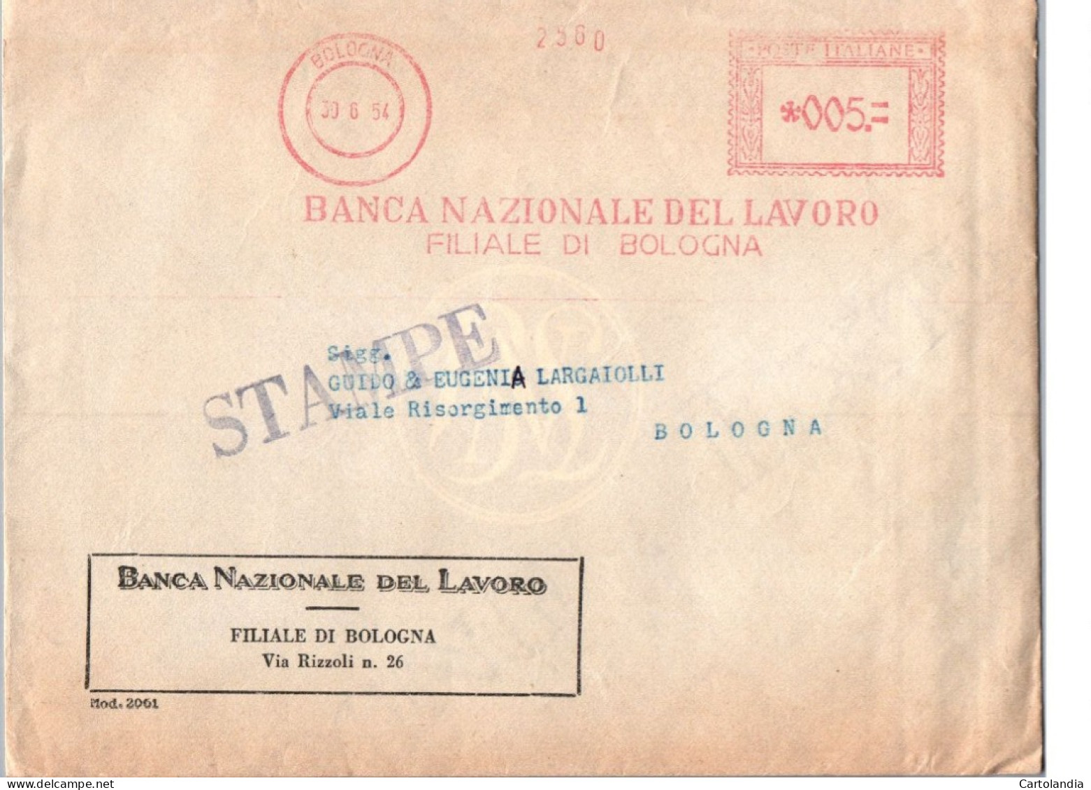 ITALIA 1954    -   Annullo Meccanico Rosso (EMA) BANCA NAZIONALE DEL LAVORO - Machines à Affranchir (EMA)