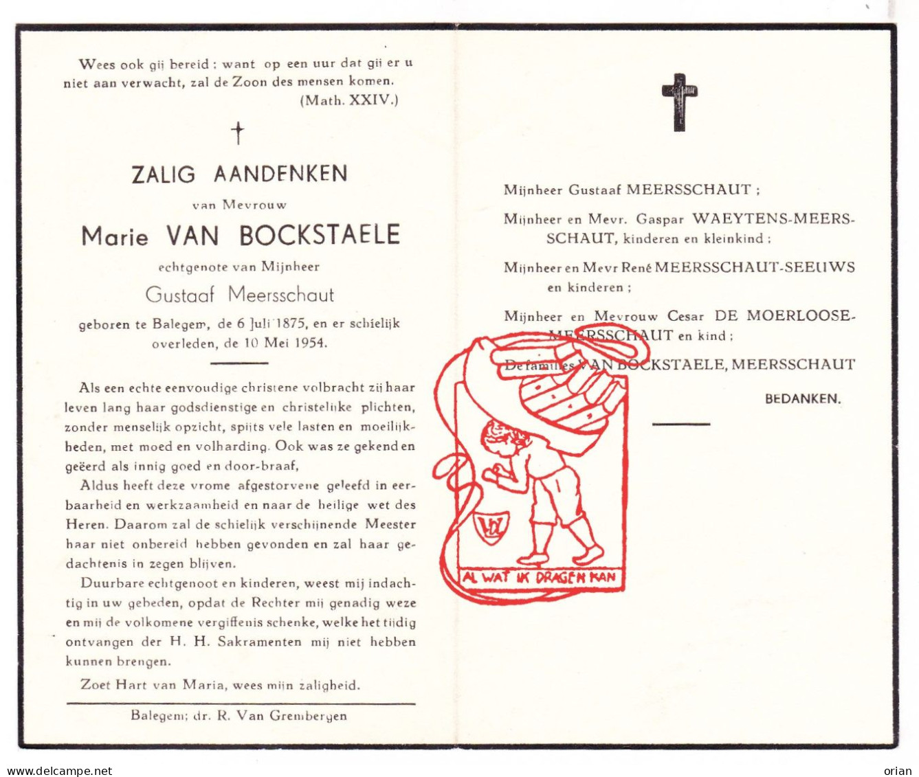 DP Marie Van Bockstaele ° Balegem Oosterzele 1875 † 1954 X Gustaaf Meersschaut // Waeytens Seeuws De Moerloose - Images Religieuses