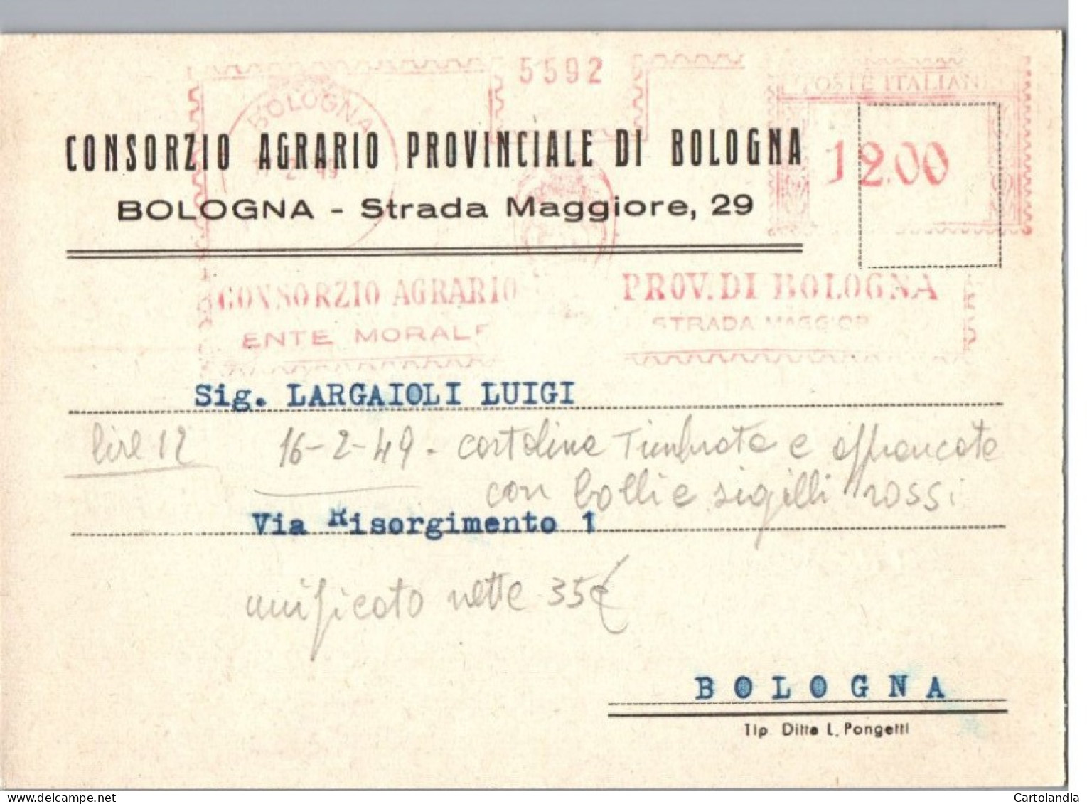 ITALIA 1940    -   Annullo Meccanico Rosso (EMA)  CONSORZIO AGRARIO PROVINCIALE DI BOLOGNA - Macchine Per Obliterare (EMA)