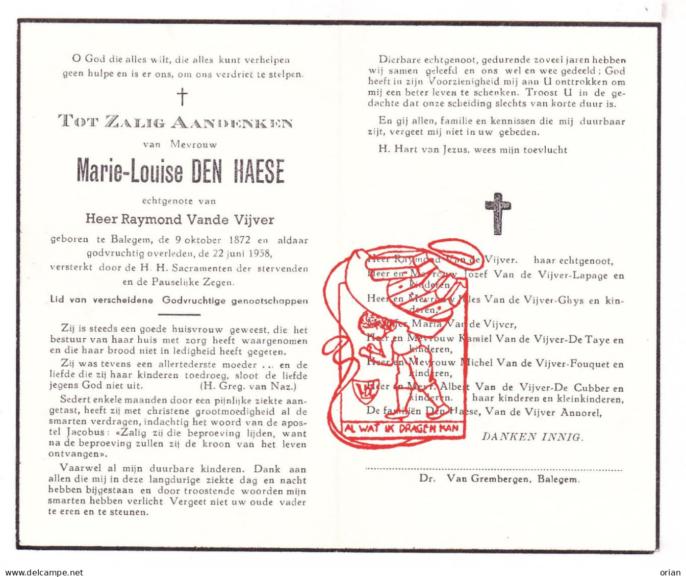 DP Marie Louise Den Haese ° Balegem Oosterzele 1872 † 1958 Vandevijver Lapage Ghys De Taye Fouquet De Cubber Annorel - Imágenes Religiosas