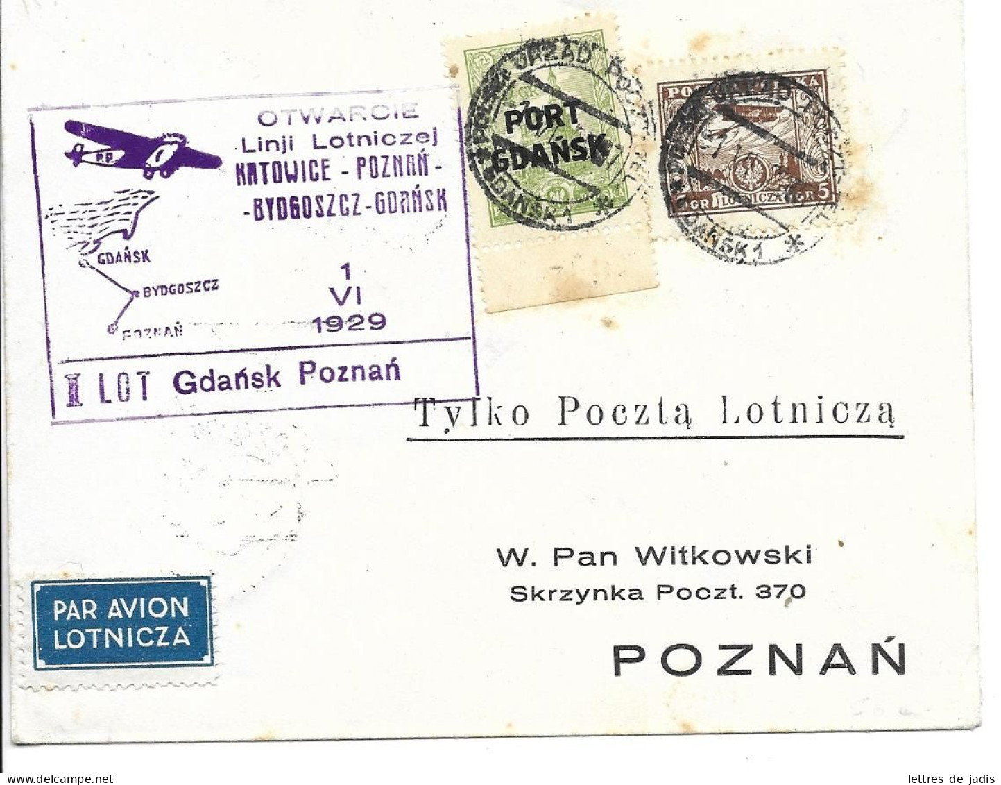 Env Cad GDANSK 1/6/1929 Pour POZNAN  Timbre De Dantzig Surchargé TB - Avions