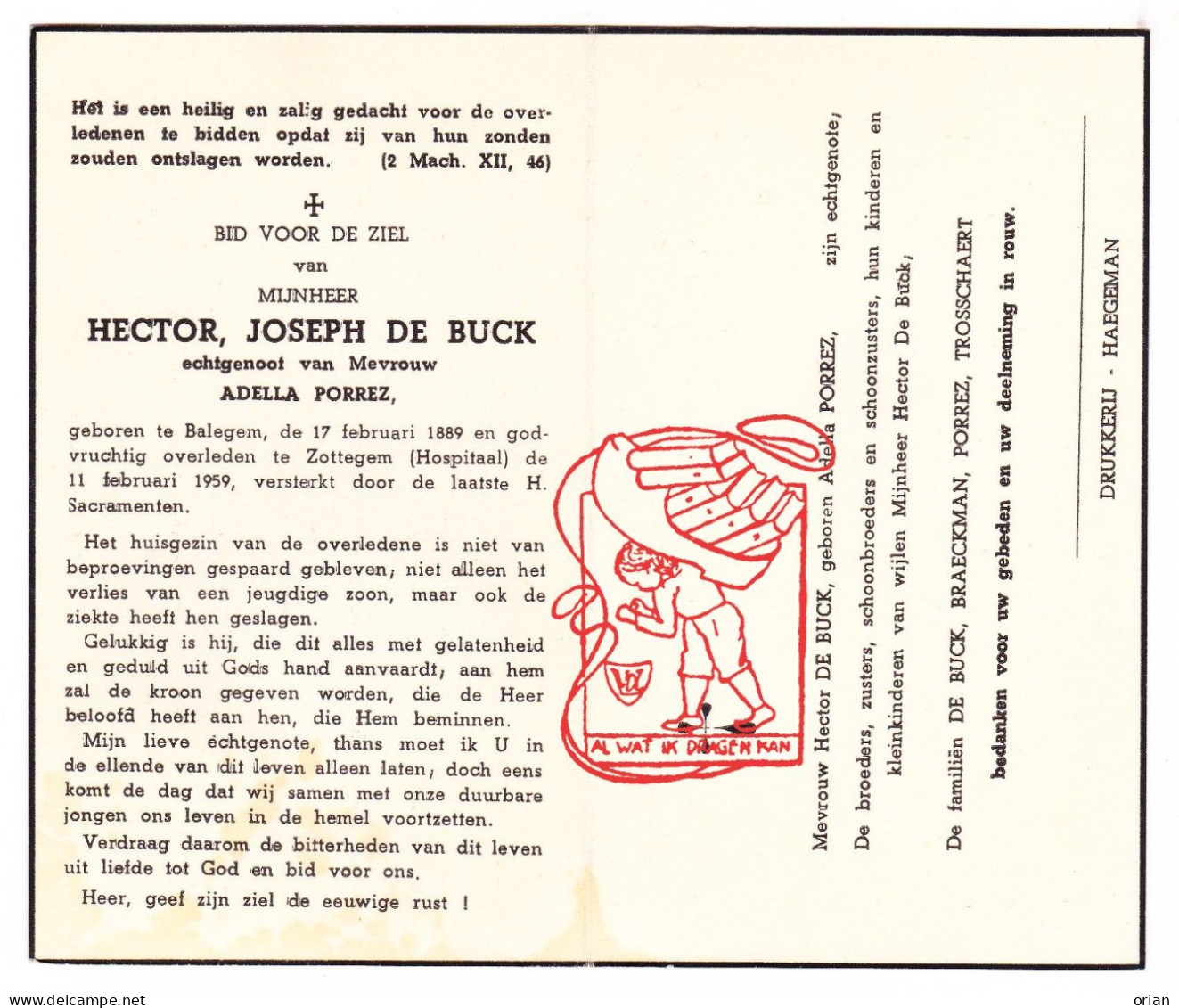 DP Hector Joseph De Buck ° Balegem Oosterzele 1889 † Zottegem 1959 X Adella Porrez // Braeckman Trosschaert - Devotion Images