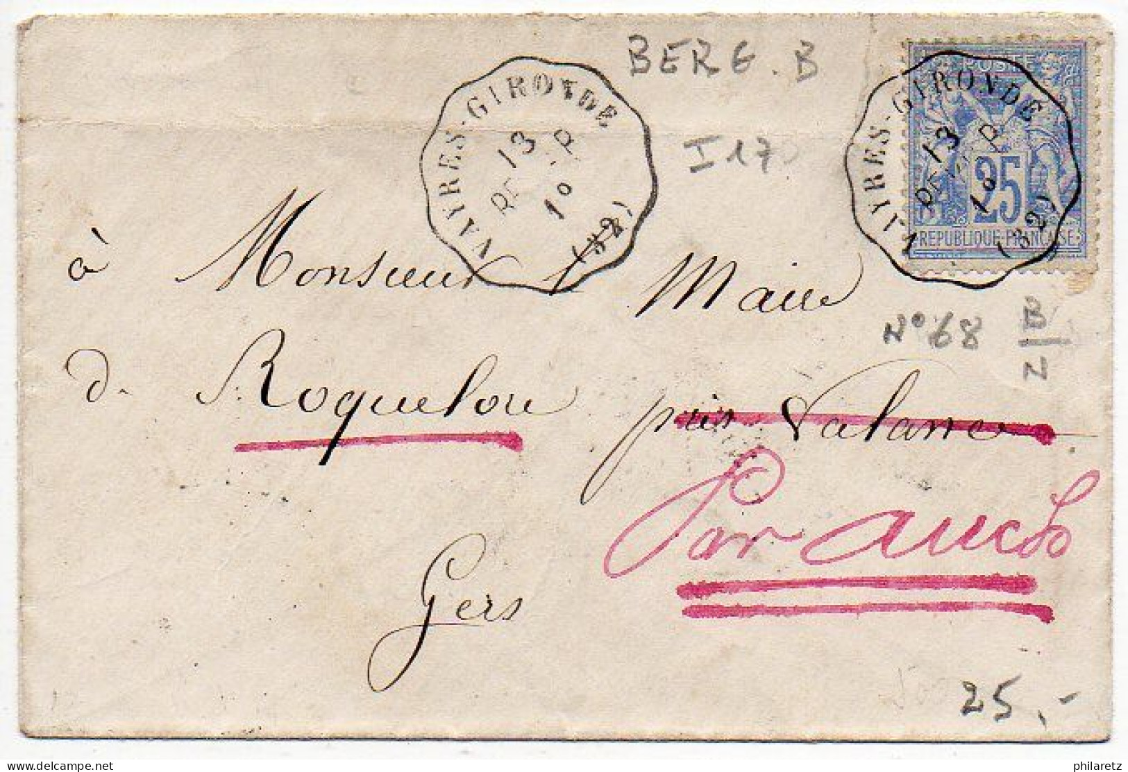 Convoyeur-Station 'Vayres - Gironde (32) BERG.B' Sur Lettre De 1877 Oblitérant Le Type Sage (n° 68, 25c Type I) - Bahnpost