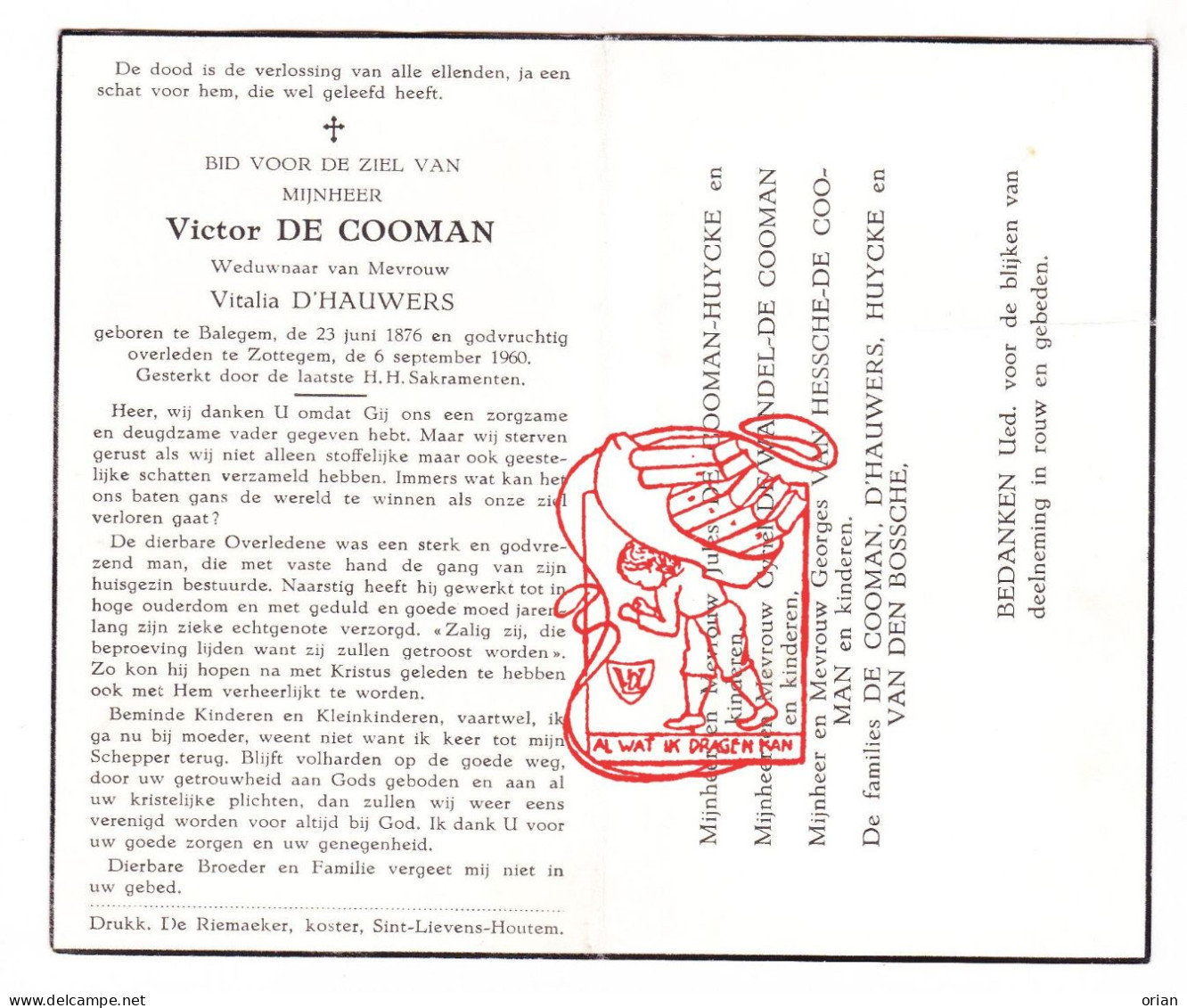DP Victor De Cooman ° Balegem Oosterzele 1876 † Zottegem 1960 X Vitalia D'Hauwers // Huycke De Wandel Van Hessche - Devotion Images