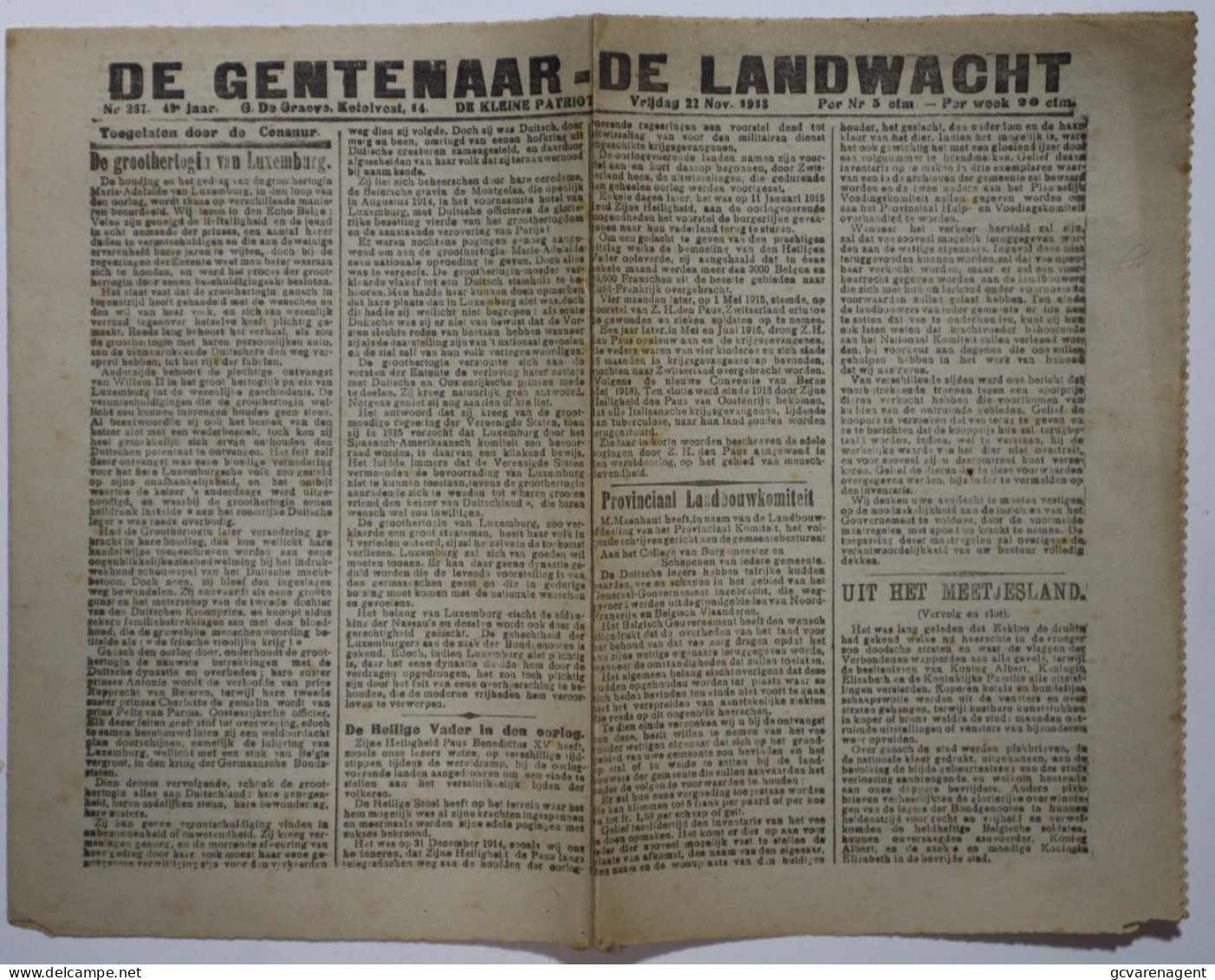 KRANT - DE GENTENAAR - DE LANDWACHT   VRIJDAG 22 NOV 1913.  UITGAVE. G.DE GRAEVE. KETELVEST 14. DE KLEINE PATRIOT - Informaciones Generales