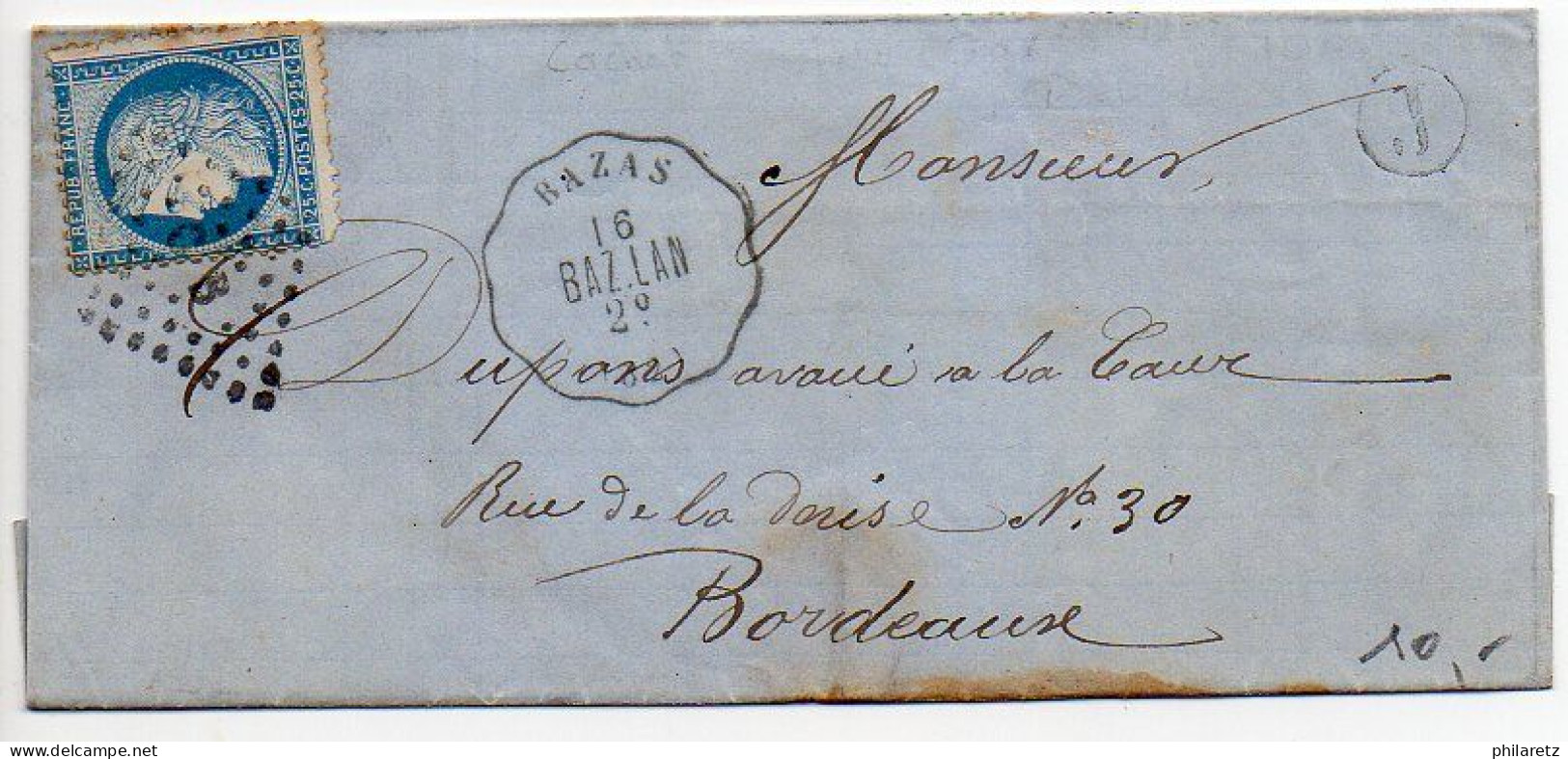 Convoyeur-Station 'Bazas (32) BAZ. LAN' Sur Lettre De 187? - Railway Post