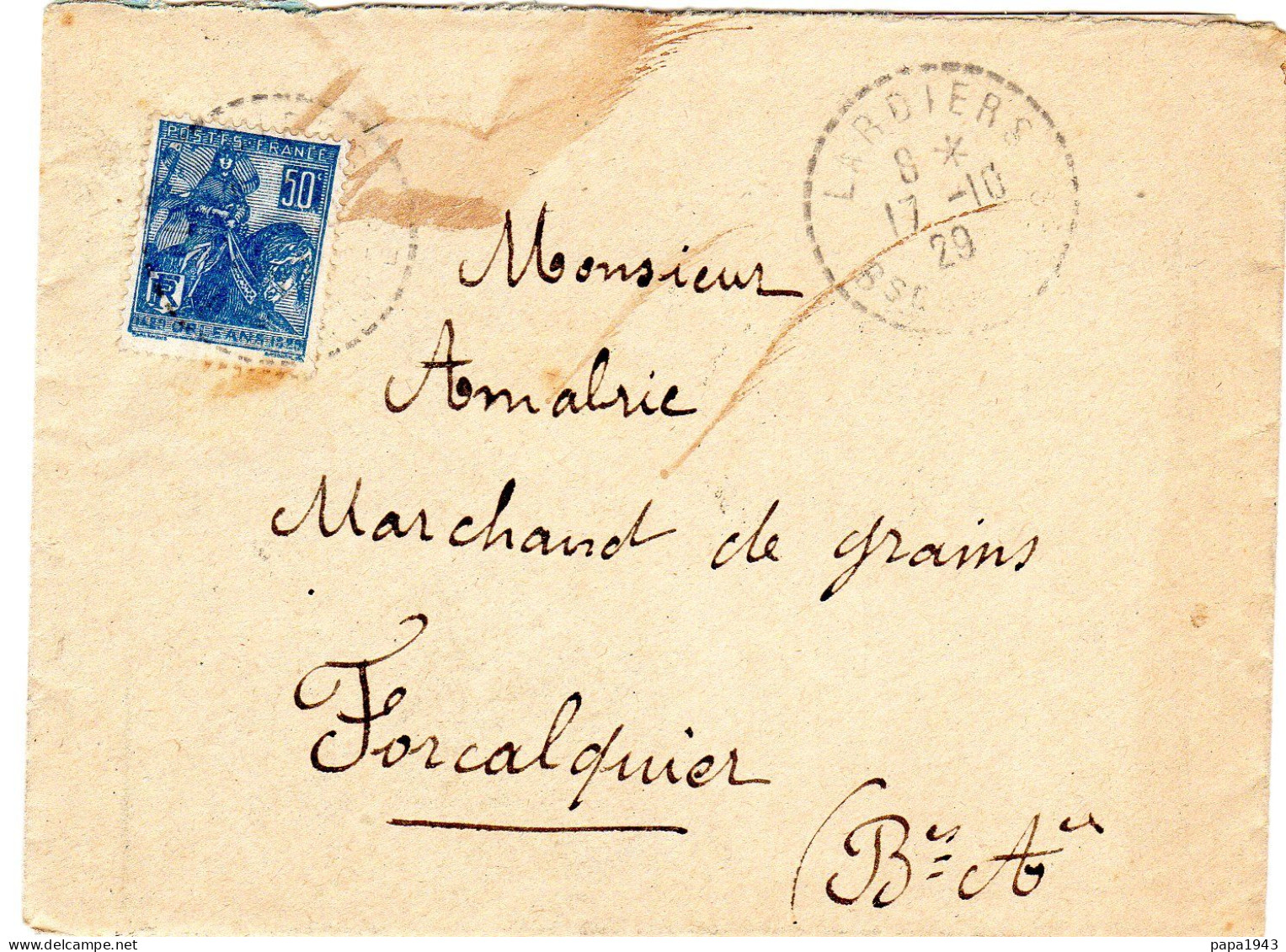 1929  CAD Type Perlé De LARDIERS Sur Type ORLEANS 50C Bleu Envoyée à FORCALQUIER - Storia Postale