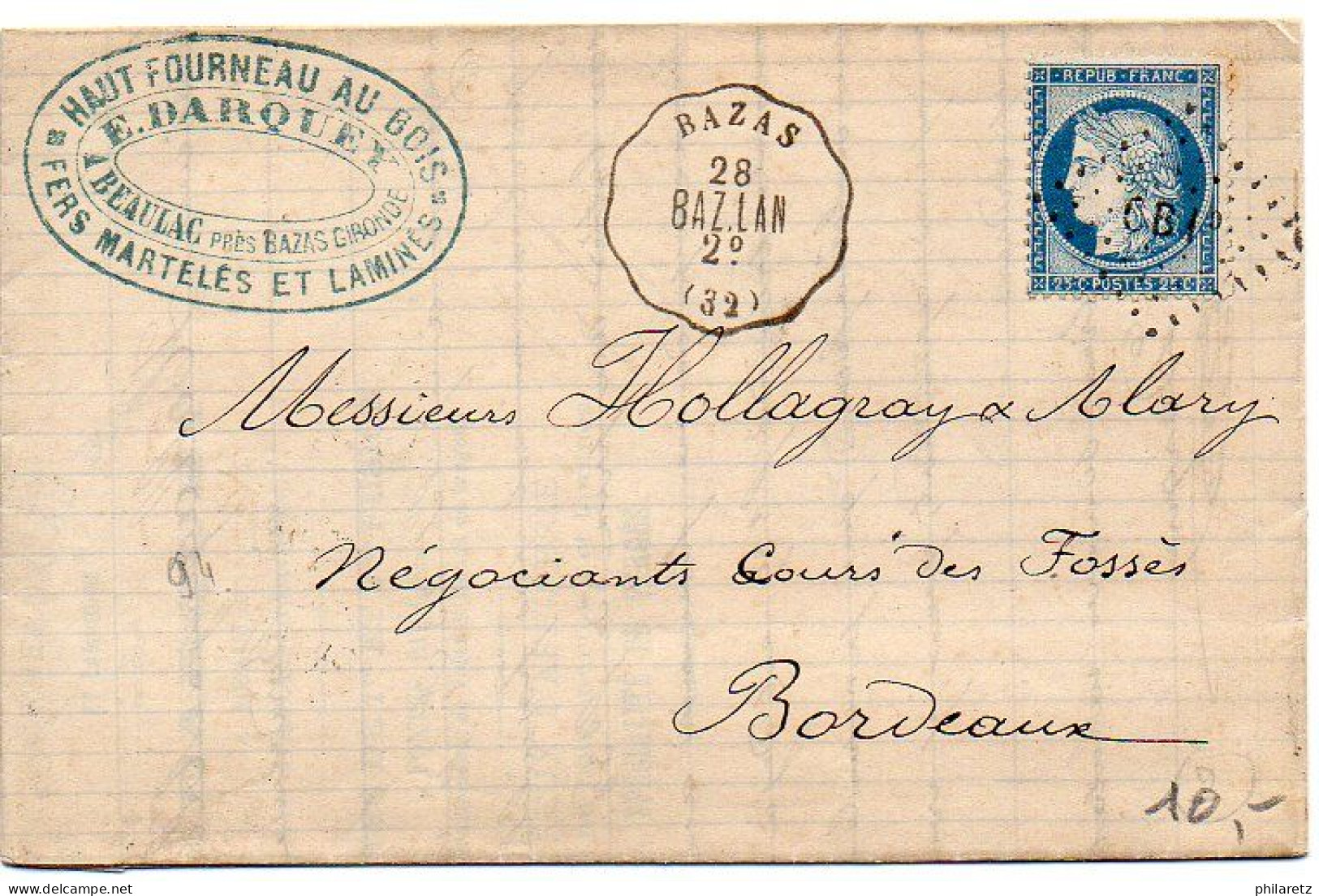 Convoyeur-Station 'Bazas (32) BAZ. LAN' Sur Lettre De 1875 - Bahnpost