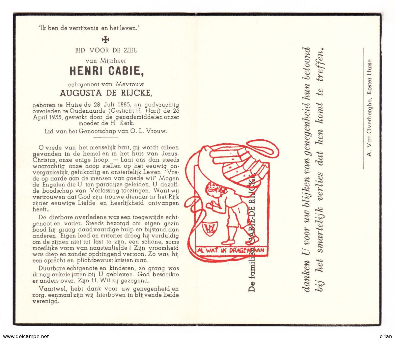 DP Henri Cabie ° Huise Zingem 1885 † Oudenaarde 1955 X Augusta De Rijcke - Devotion Images