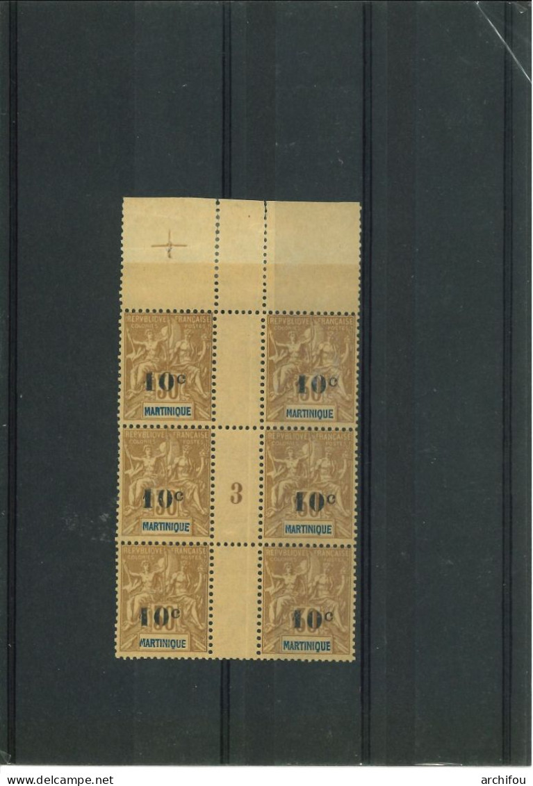 Type Groupe De Martinique N°52 : 10c Sur 30c Brunen Bloc De 6 Interpanneau Avec Millesime 3 Neuf Sans Charnière - Unused Stamps