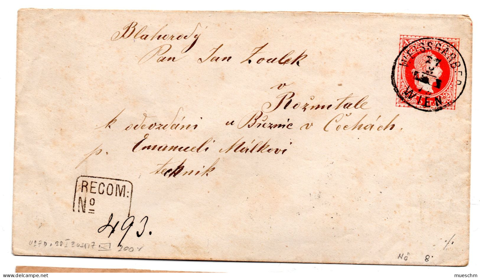 Österreich, 1873, Reko-Kuvert Von Wien Nach Rozmital;  Auf Vorderseite 5kr-Frankatur Und Reko Vermerk (20164E) - Brieven En Documenten