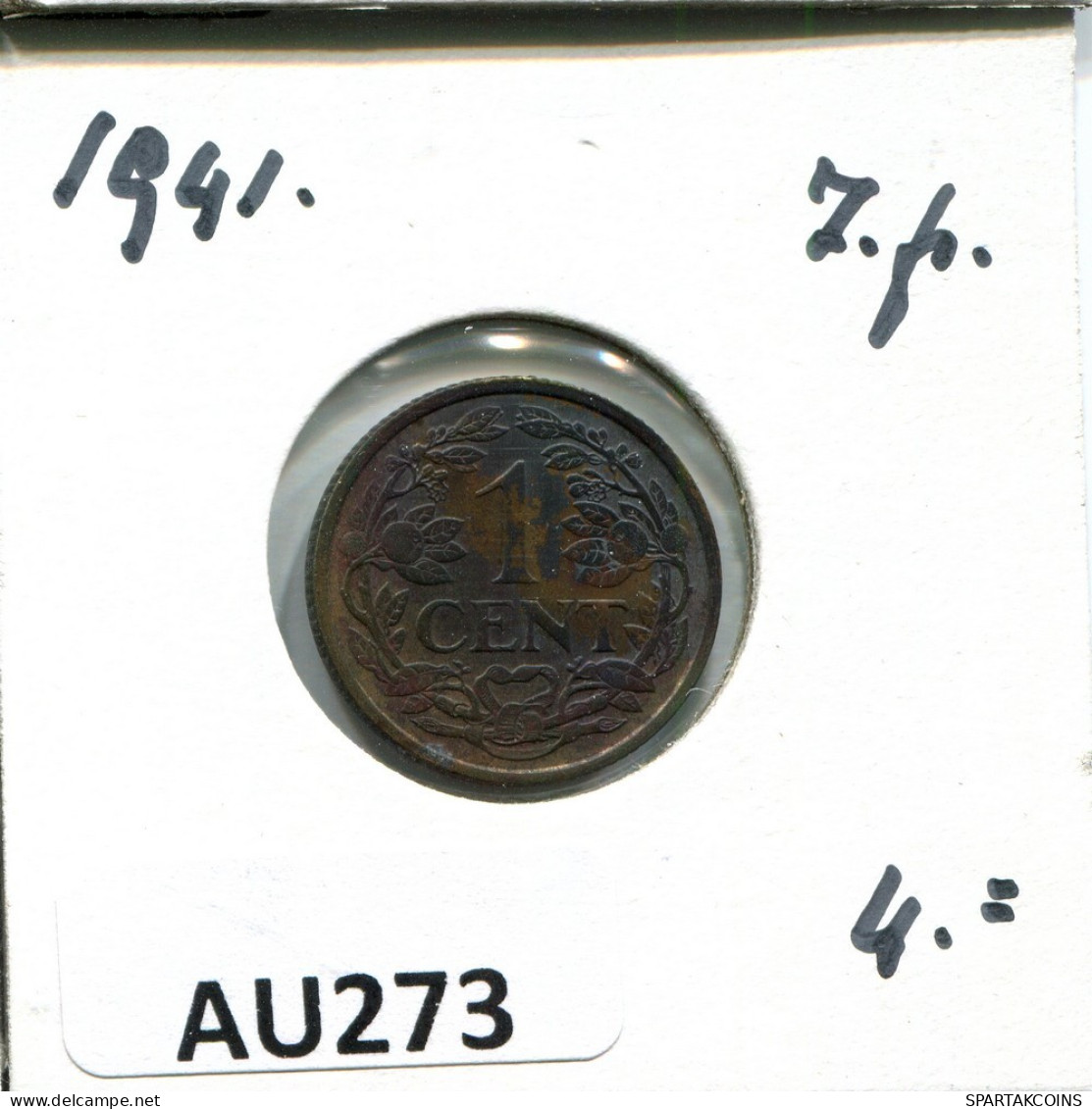 1 CENT 1941 NEERLANDÉS NETHERLANDS Moneda #AU273.E.A - 1 Centavos