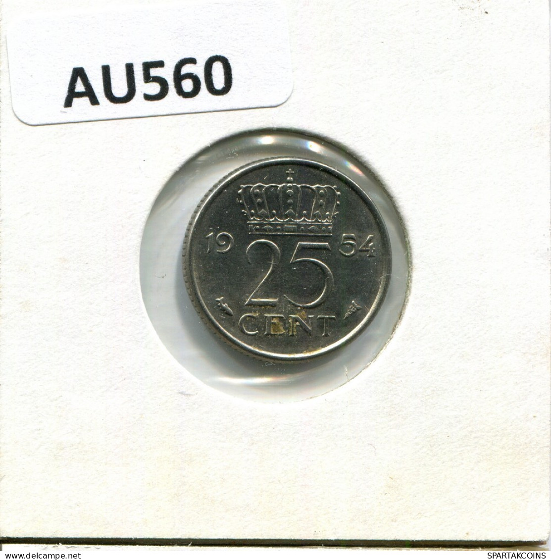 25 CENTS 1954 NETHERLANDS Coin #AU560.U.A - 1948-1980: Juliana