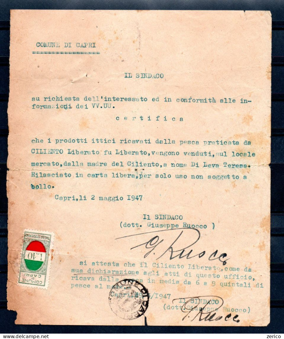 CAPRI  Fiscal Marca Municipale Su Documento Del 1947 TASSA DI SOGGIORNO Taxe De Séjour Kurtaxe Revenue - Autres & Non Classés