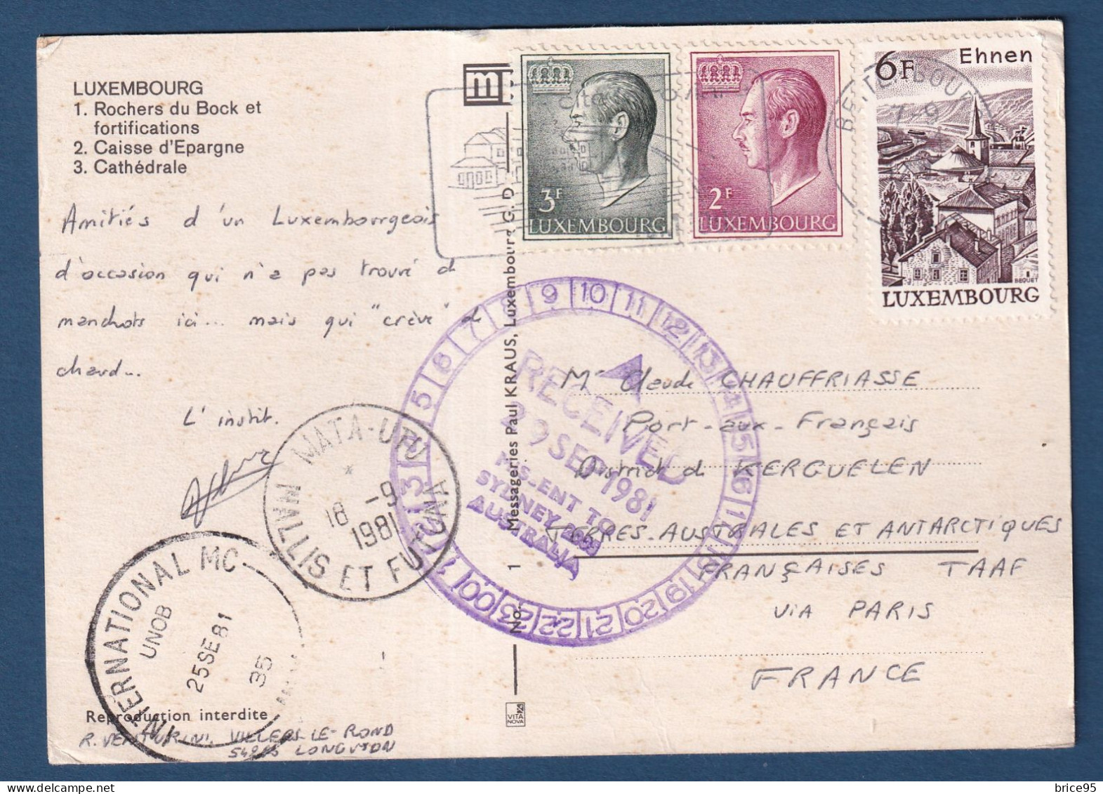 Luxembourg - Sur Carte Postale - Pour TAAF - Other & Unclassified