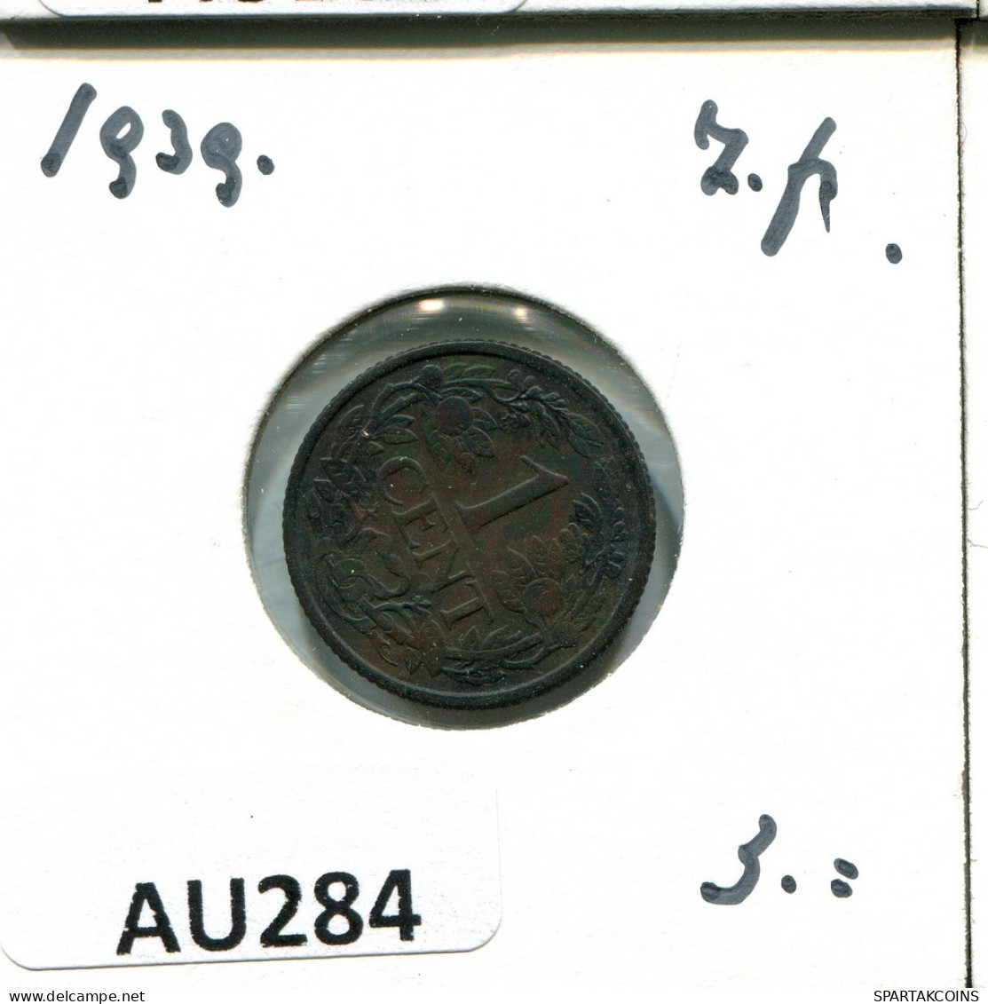 1 CENT 1939 NIEDERLANDE NETHERLANDS Münze #AU284.D.A - 1 Cent