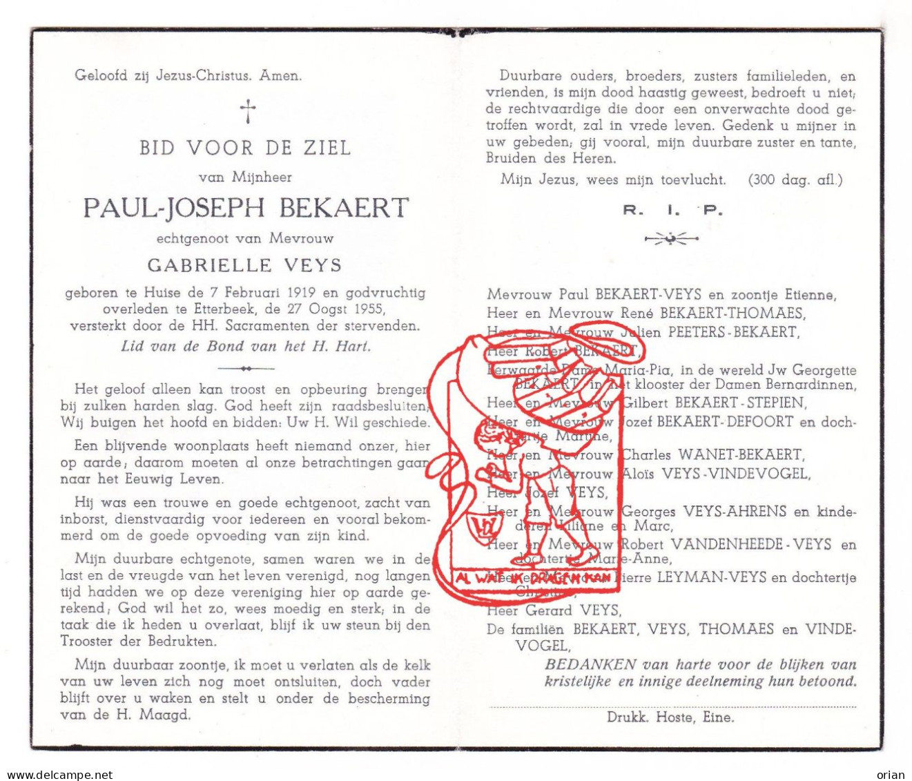 DP Paul Bekaert ° Huise Zingem 1919 † Etterbeek 1955 X Gabrielle Veys // Thomaes Stepien Wanet Ahrens Vandenheede Leyman - Imágenes Religiosas