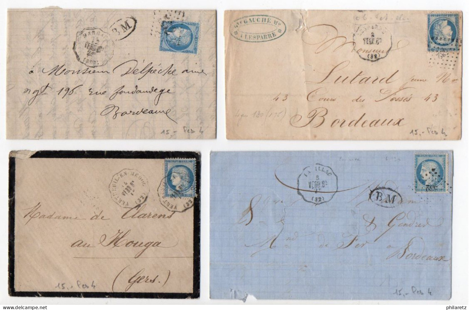 Convoyeur-Station 'VERD. Bx' - Lot De 4 Lettres (état B/TB) De 4 Stations Différentes - Poste Ferroviaire