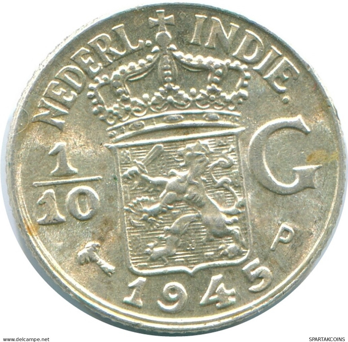 1/10 GULDEN 1945 P INDES ORIENTALES NÉERLANDAISES ARGENT Colonial Pièce #NL14035.3.F.A - Indes Néerlandaises