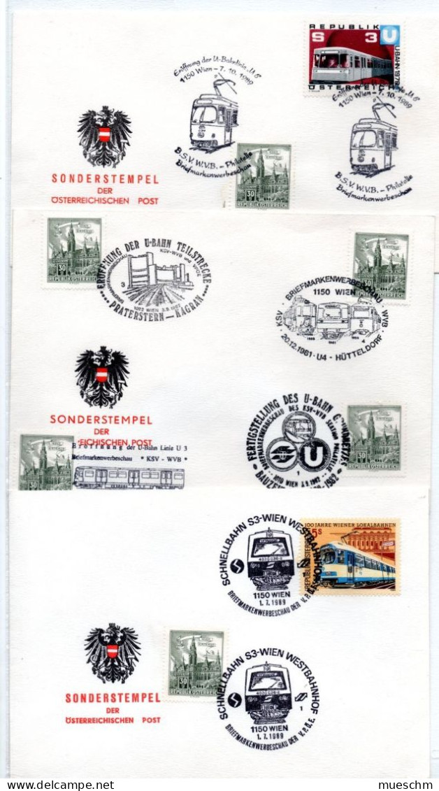 Österreich, Ca. 1990, 5 Belege (Kuverts, Postkarte, Fahrschein) Betreffend U-Bahnlinien-Eröffnungen (20169E) - Tramways