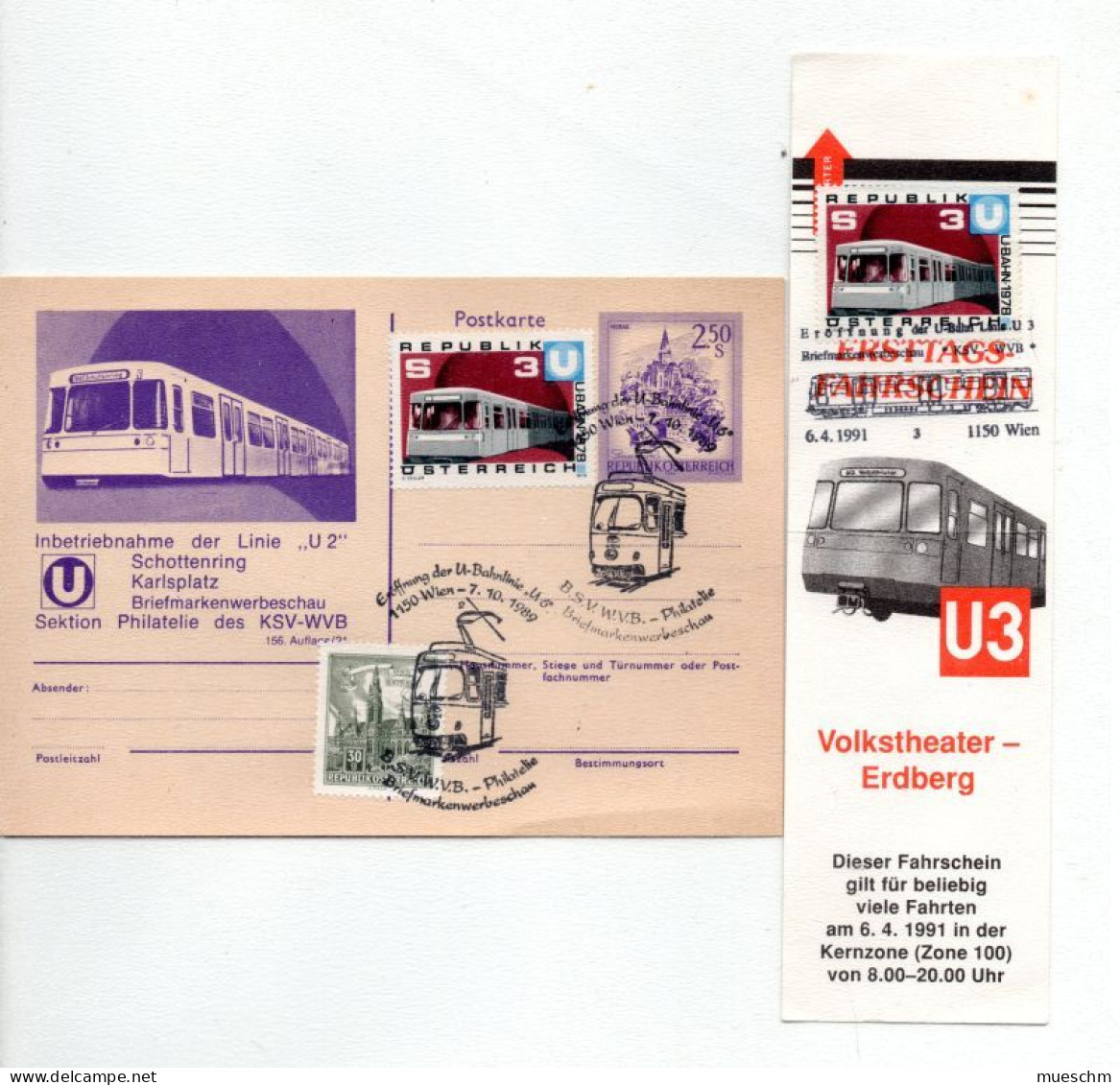 Österreich, Ca. 1990, 5 Belege (Kuverts, Postkarte, Fahrschein) Betreffend U-Bahnlinien-Eröffnungen (20169E) - Tranvías