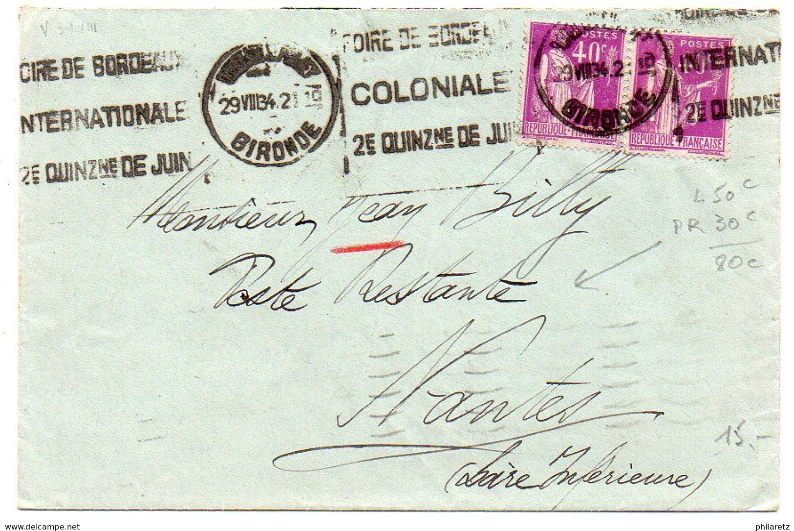 40c Paix X2 Sur Lettre De 1934 En Poste Restante Avec Taxe De Poste Restante Pré-payée Par L'expéditeur - 1921-1960: Periodo Moderno