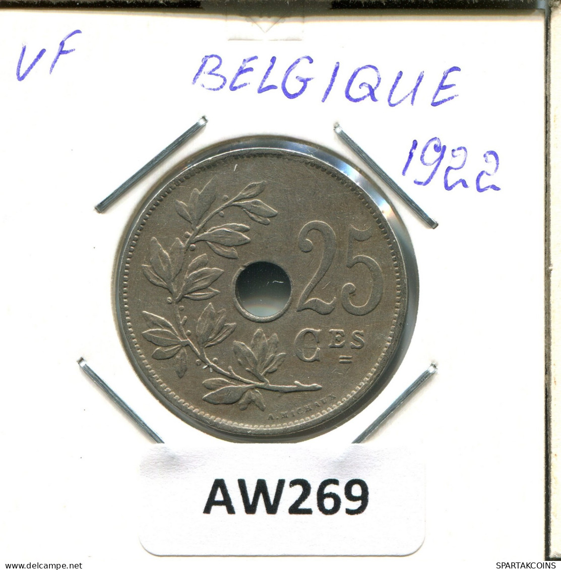 25 CENTIMES 1922 FRENCH Text BÉLGICA BELGIUM Moneda #AW269.E.A - 25 Cents