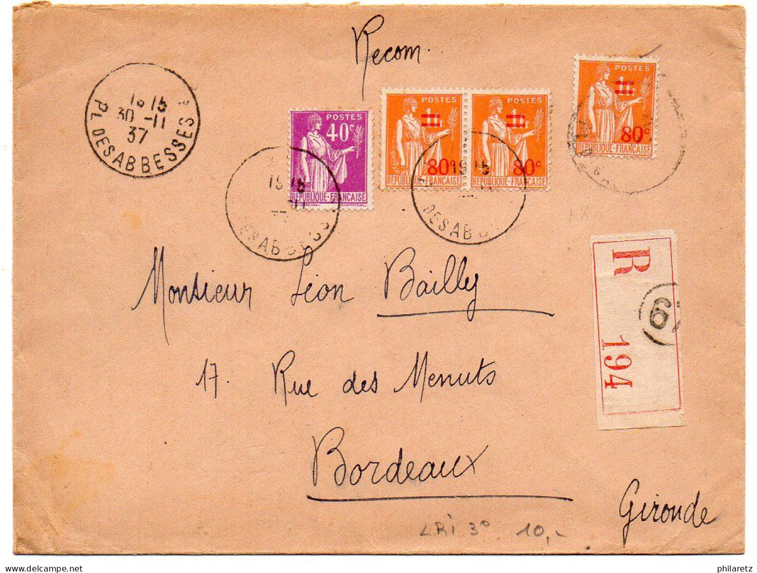 Paix 40c + 80/1fr X3 Sur Lettre Recommandée Du 3ème échelon De 1937 - 1921-1960: Période Moderne