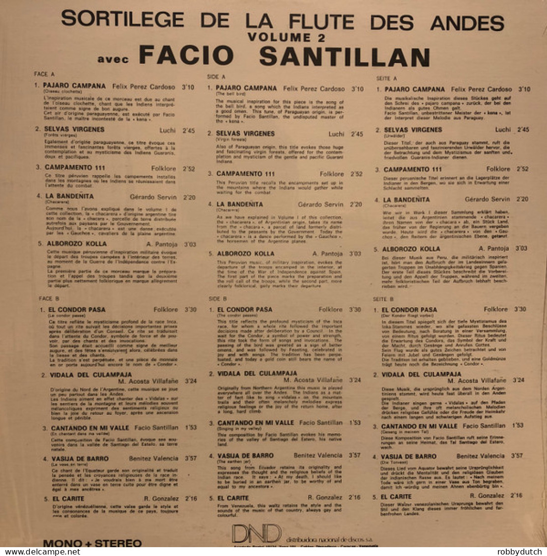 * LP *  FACIO SANTILAN - SORTILEGE DE LA FLUTE DES ANDES VOL.2 (France 1970 EX-) - Musiques Du Monde