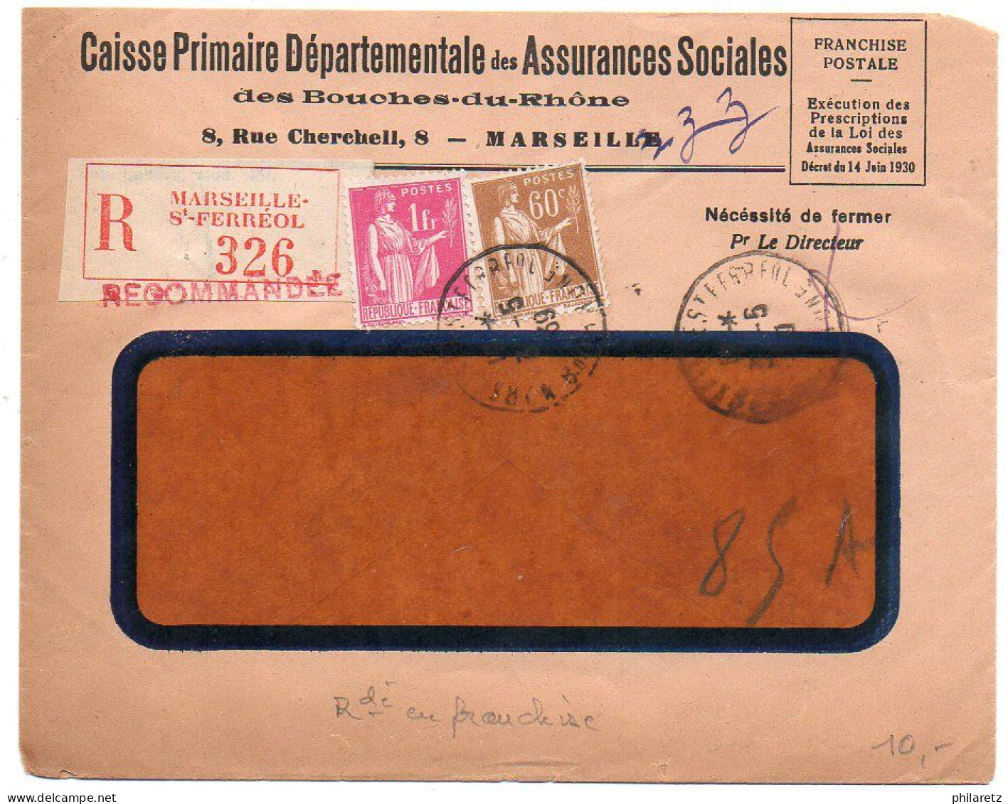 Paix 60c + 1F Sur Lettre Recommandée En Franchise De Port Simple De 1939 - 1921-1960: Modern Tijdperk