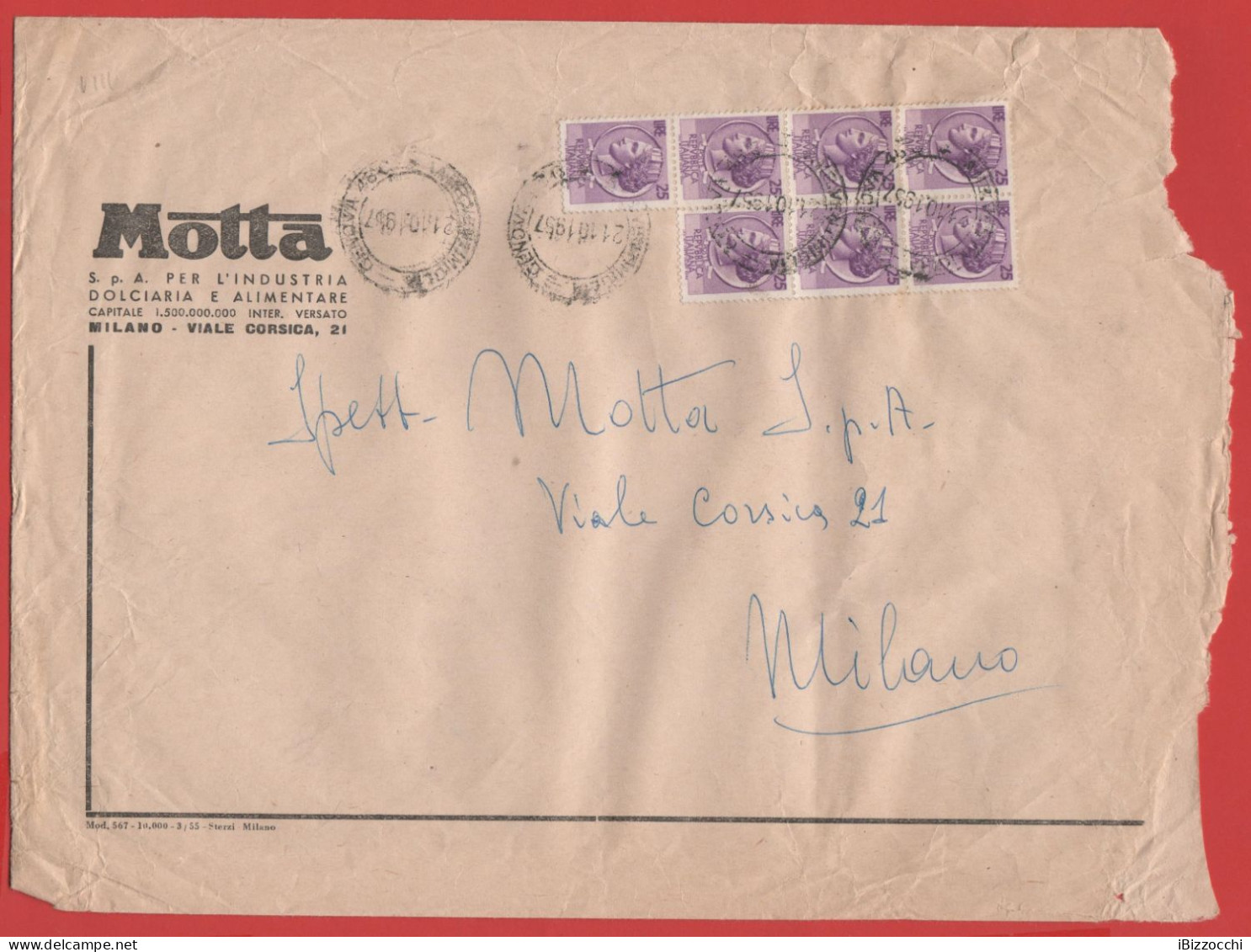 ITALIA - Storia Postale Repubblica - 1957 - 7x 25 Antica Moneta Siracusana  - Busta Di Grande Formato - Viaggiata Da Gen - 1946-60: Storia Postale