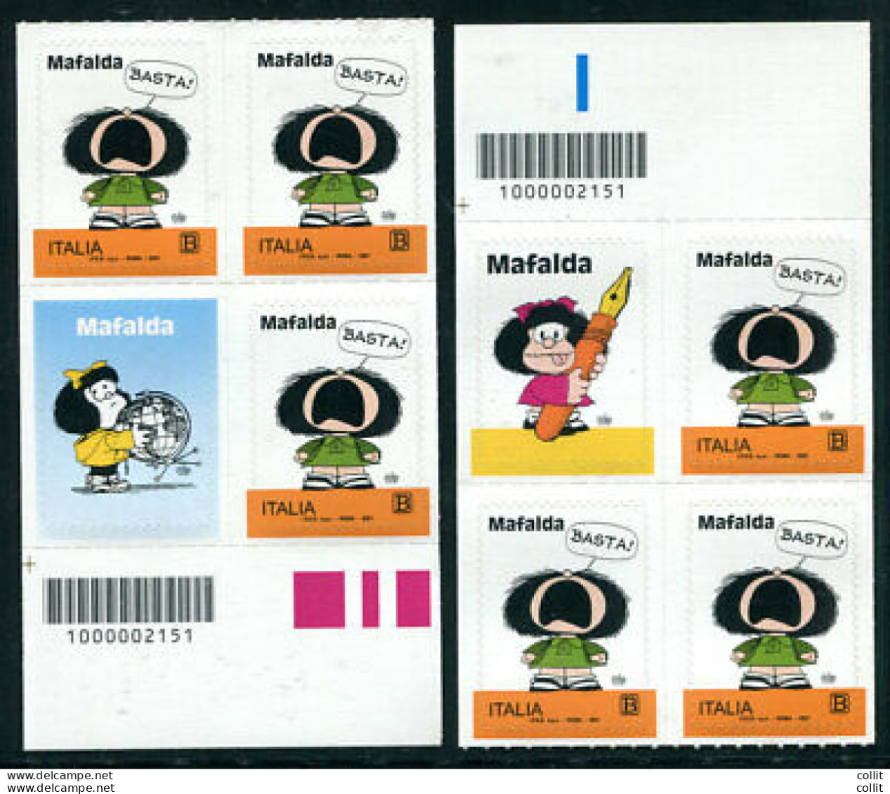 Mafalda Blocchi Quartine Di Sinistra Con Erinnofili E Codice A Barre - Errors And Curiosities