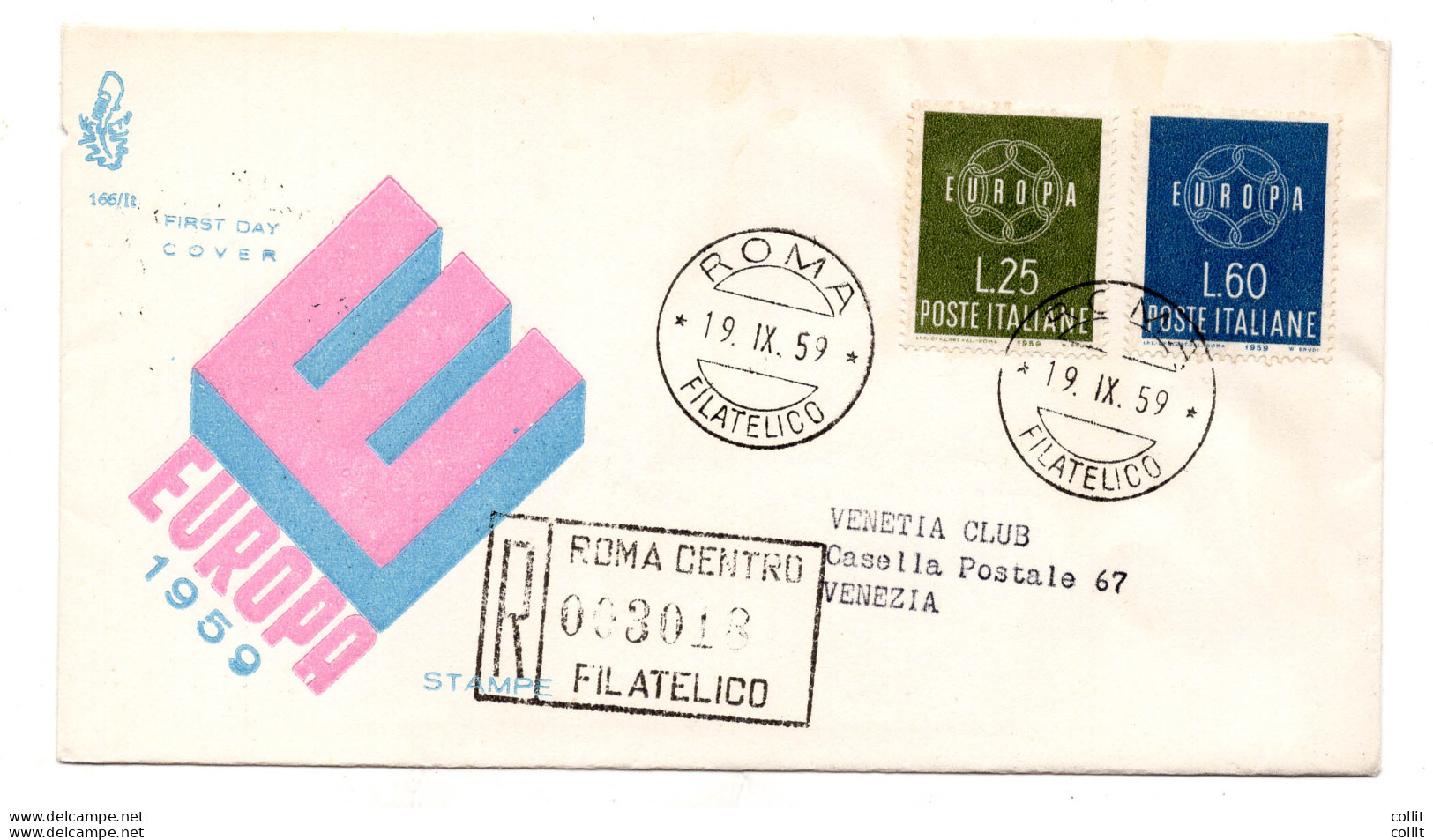 Italia FDC Venetia 1959 Europa Viaggiata Racc. Per L'Italia - FDC