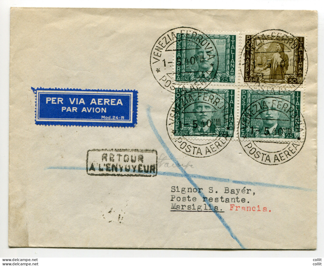 Posta Aerea Cent. 25 "Impero" Busta Via Aerea Da Venezia A Marsiglia - Storia Postale