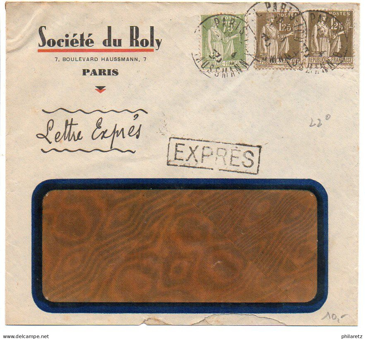 Paix 75c + 1f25 X2 Sur Lettre Par Exprès De 1933 - Vignette 'Roly L'âme De La Mandarine' Au Verso - 1921-1960: Modern Tijdperk