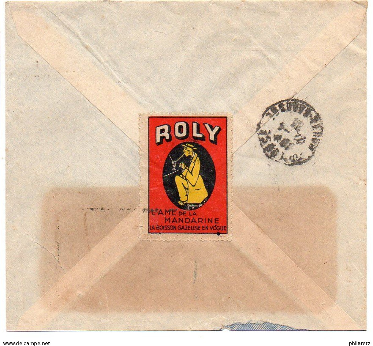 Paix 75c + 1f25 X2 Sur Lettre Par Exprès De 1933 - Vignette 'Roly L'âme De La Mandarine' Au Verso - 1921-1960: Période Moderne