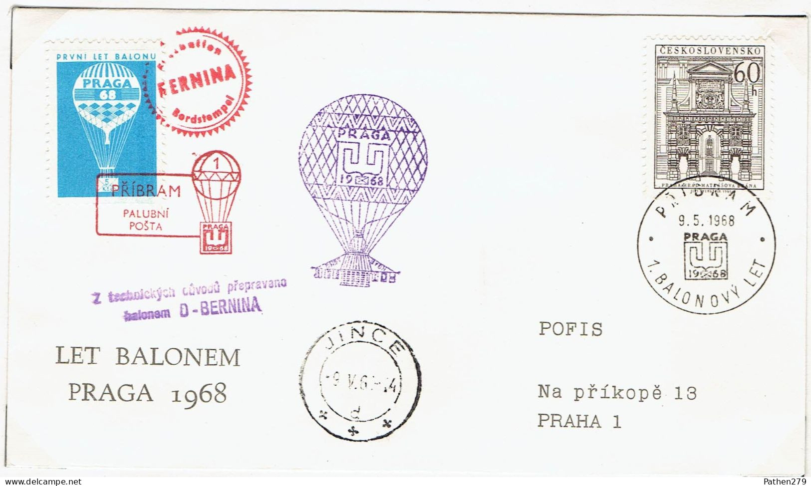 Enveloppe Commémorative Vol En Montgolfière Prague 1968 Courrier Aérien - FDC