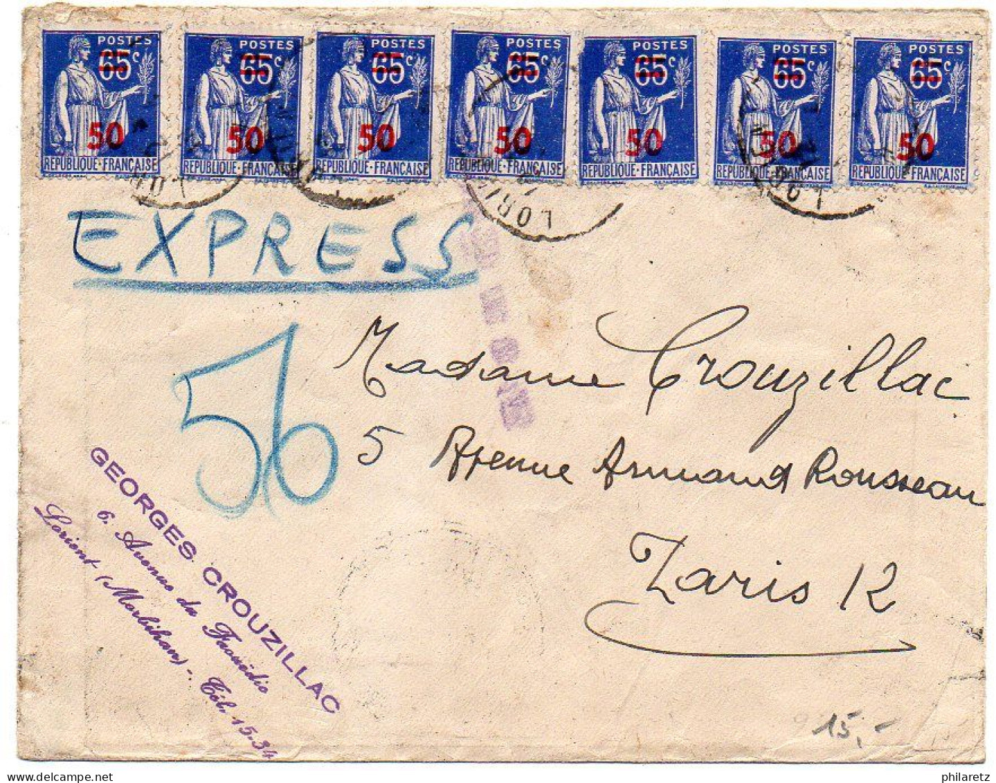 Paix 50/65c X7 Sur Lettre Par Exprès De 1941 - 1921-1960: Modern Tijdperk