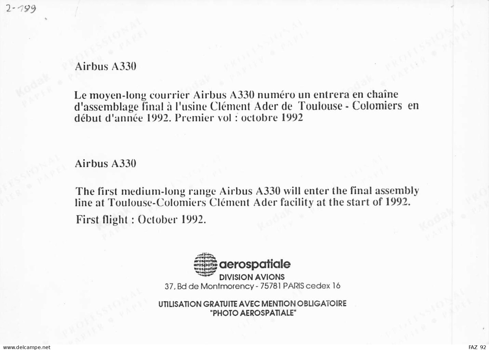 Airbus A330 - +/- 180 X 130 Mm. - Photo Presse Originale - Aviazione