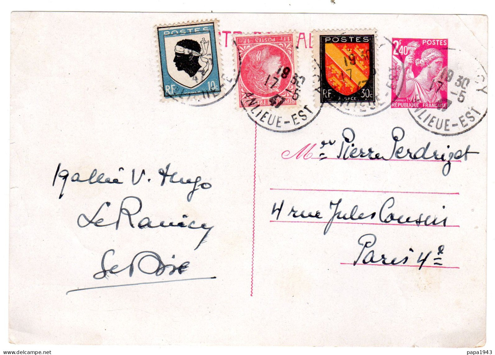 1947  ENTIER IRIS 2,40f + Blasons Corse 10c + Blason Alsace 30c + Mazelin1,00f  ( Etat ) - PAP : Altri (1995-...)