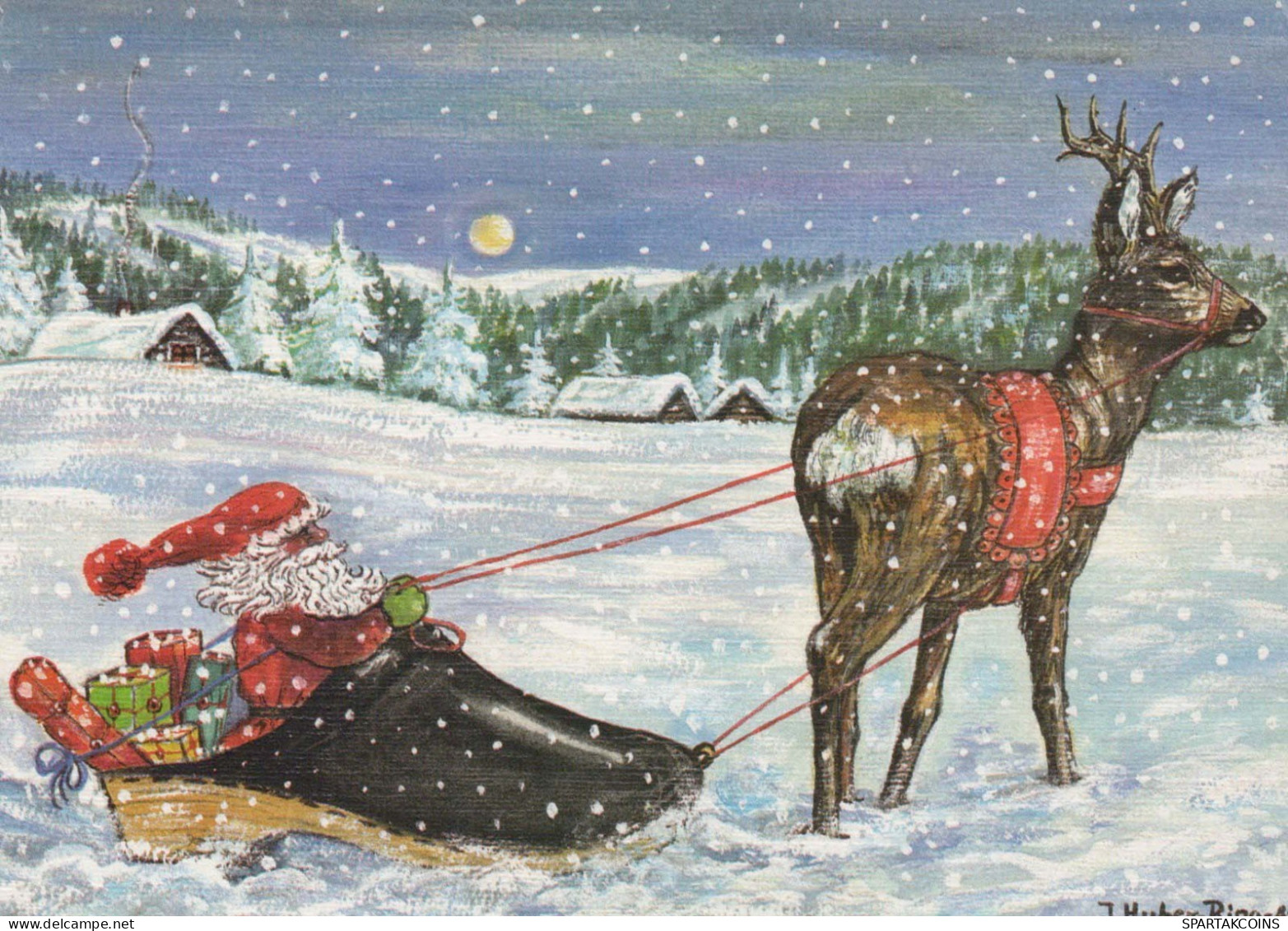 PÈRE NOËL Bonne Année Noël CERF Vintage Carte Postale CPSM #PBB195.A - Santa Claus