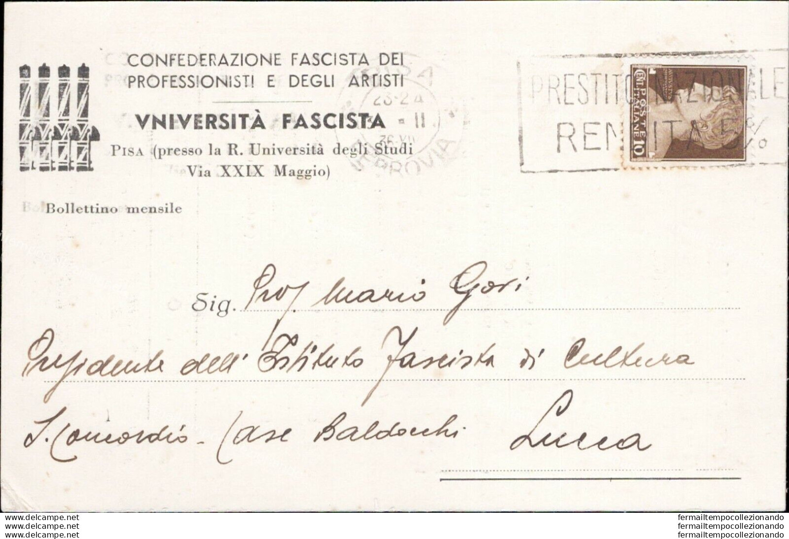 An347 Cartolina Pisa Confederazione Fascista Universita' - Pisa