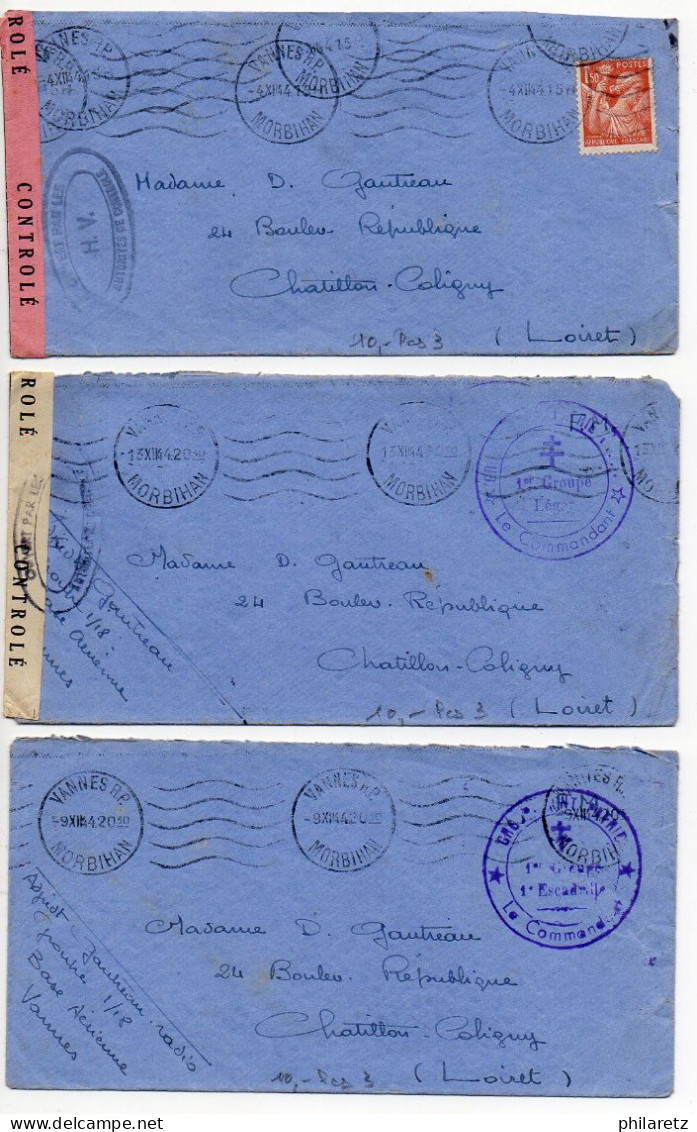 Lot De 3 Lettres De La Base Aérienne De Vannes De Décembre 1944 Dont 2 Bandes De Censure Rouge Et Jaune - Guerre De 1939-45