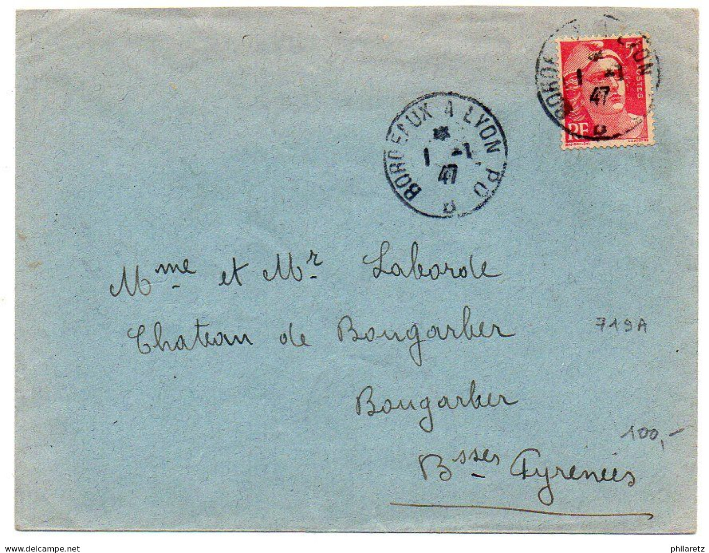 5F Rose Gandon (n° 719A) Seul Sur Lettre Du 1.1.1947 (1er Janvier) - PJ Timbre Et PJ Du Tarif Ayant Duré 2 Jours - Sup. - 1921-1960: Modern Period