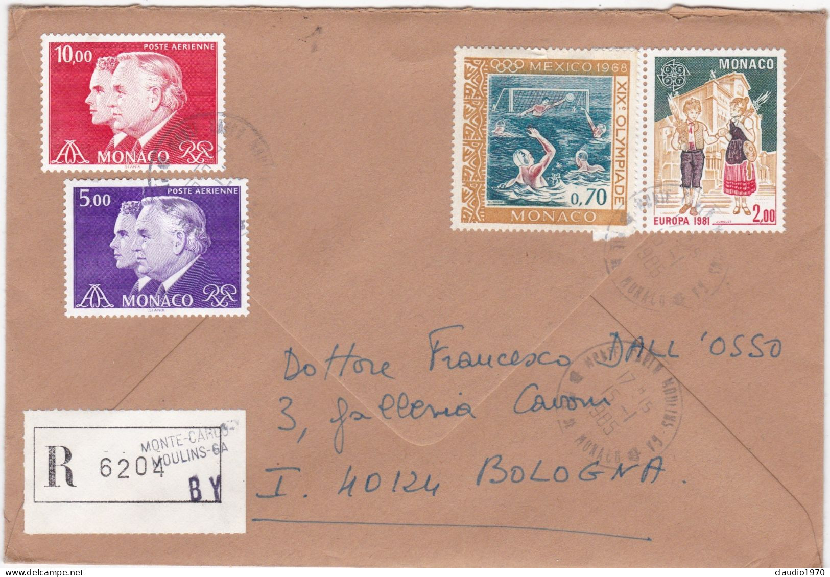 MONACO - MONTE - CARLO - BUSTA RACCOMANDATA - VIAGGIATA PER BOLOGNA - ITALIA - 1985 - Lettres & Documents