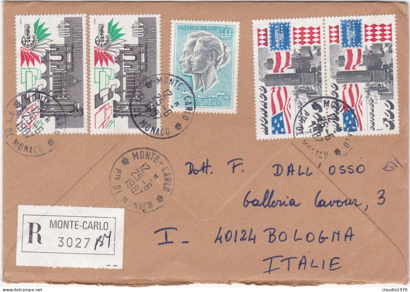 MONACO - MONTE - CARLO - BUSTA RACCOMANDATA - VIAGGIATA PER BOLOGNA - ITALIA - 1987 - Lettres & Documents